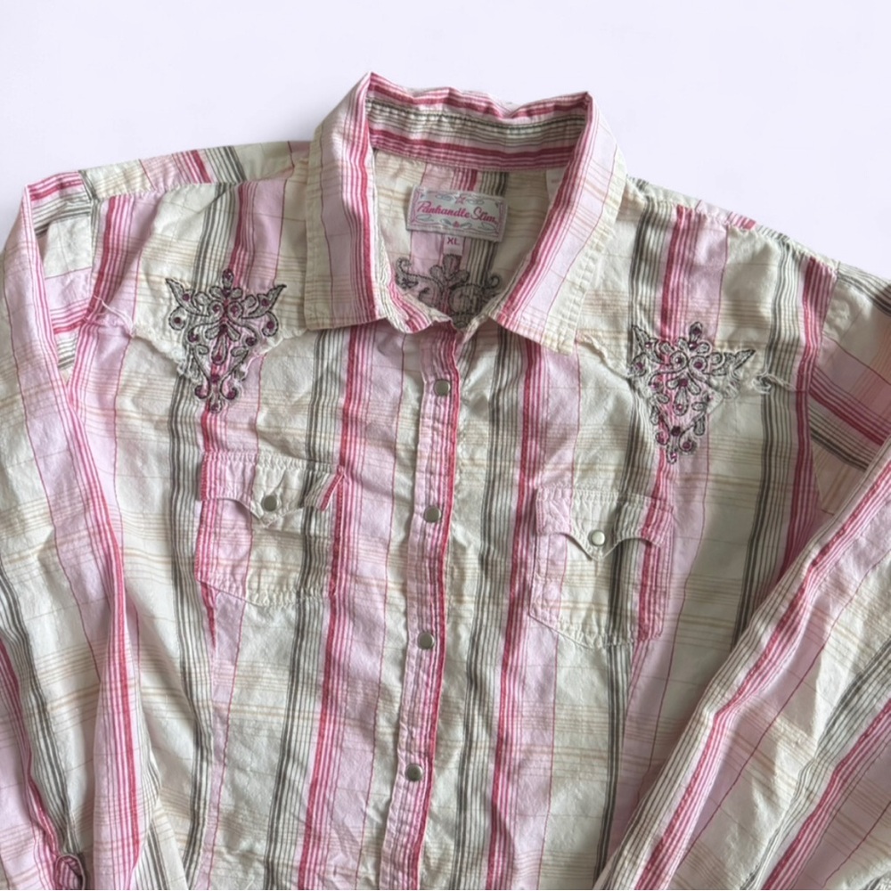 Panhandle Slim Y2K Pink Plaid Western Snap Shirt Rhinestone XL